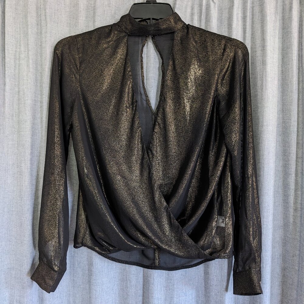 ANDB Long Sleeve Blouse Womens XS Black Gold Sheer Draped Vamp Goth Festival